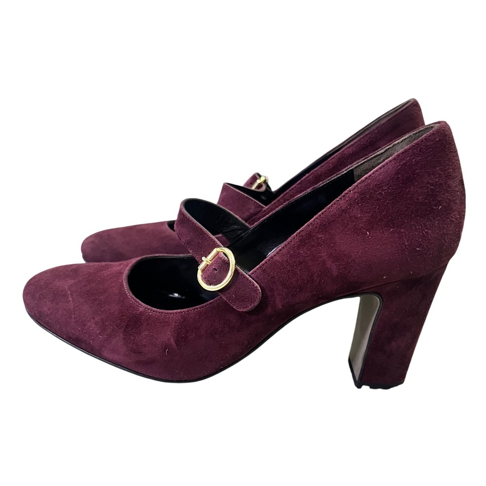 Paul Green Mary Jane Heels 6.5 US Burgundy Suede‎ Block Heel Pumps Gold Buckle
